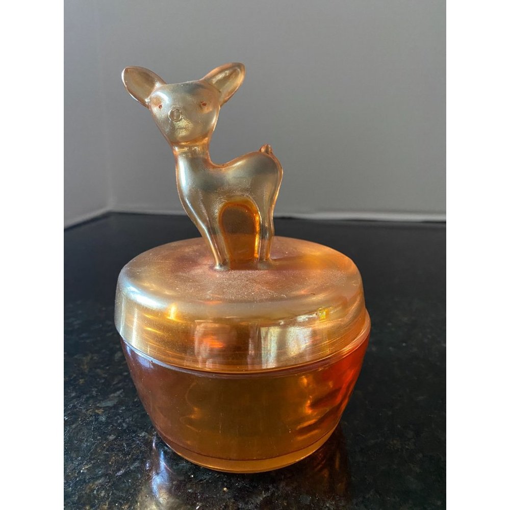 Vintage Carnival Glass by Jeanette "Fawn" Round Powder Puff Jar or Trinket Dish